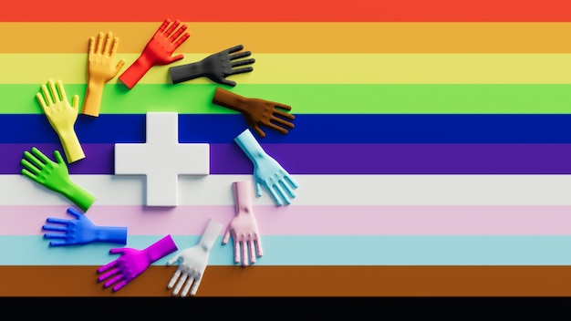 Manos en un círculo de diferentes colores alrededor de un signo más en una representación lgtbit de bandera multicolor