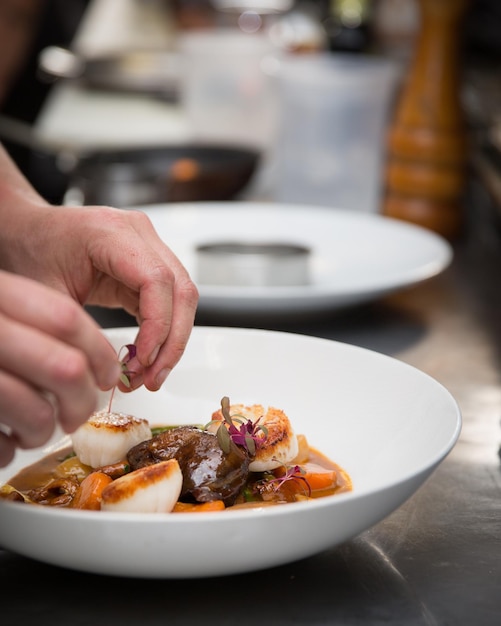 Las manos de los cocineros aplicando los toques finales a un delicioso plato en un restaurante de lujo