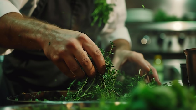 Foto las manos de los cocineros preparando hierbas frescas primer plano de las manos de un cocinero cortando hierbas frescas