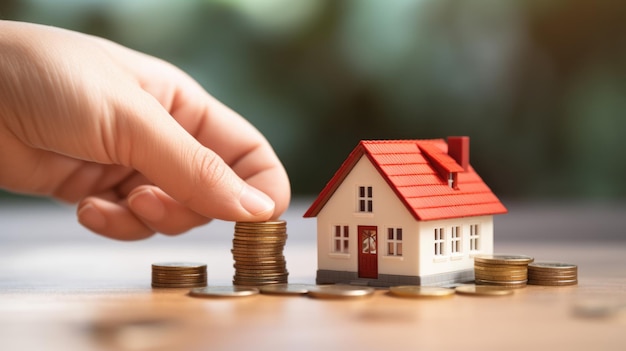 Manos colocando una pequeña casa modelo en una pila de monedas que simbolizan ahorros de inversión inmobiliaria o el concepto de una hipoteca