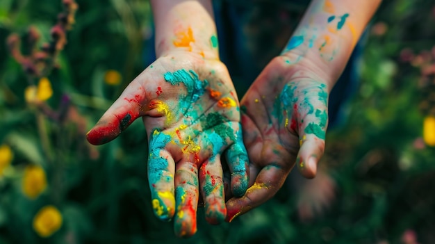 Manos coloridas de niños capturadas en una foto de verano con un enfoque en la naturaleza