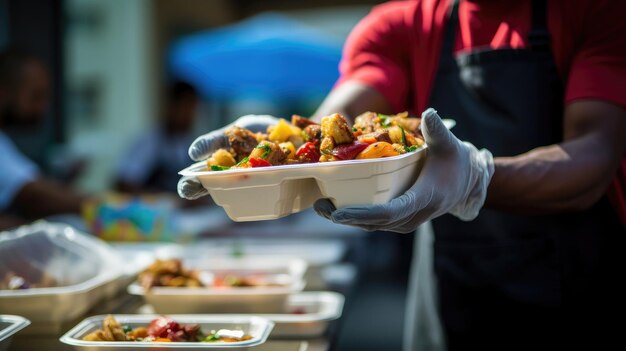 Foto manos de compasión un primer plano de las manos de un voluntario masculino sosteniendo una caja de comida para los necesitados en un centro de asistencia a refugiados