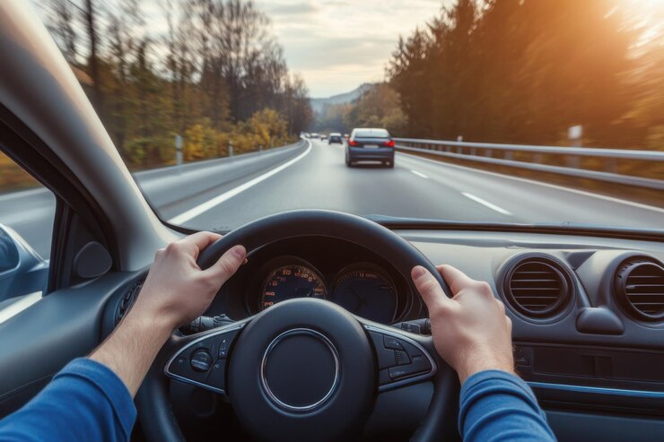 Las manos de un conductor agarran el volante de un automóvil con una carretera panorámica por delante que simboliza la libertad y la aventura
