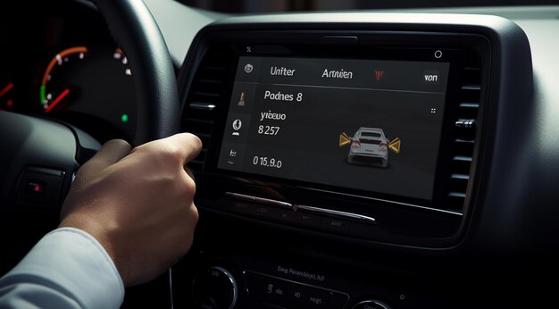 manos del conductor sosteniendo una bola de vehículo y pantalla con funciones táctiles digitales generativa IA