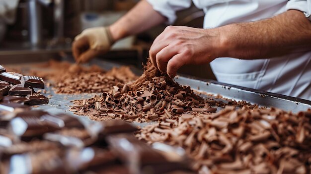 Las manos de los confiteros con virutas de chocolate oscuro haciendo chocolate