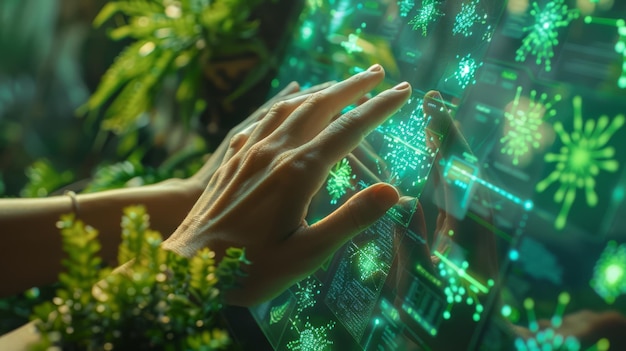 Foto manos conscientes del medio ambiente interactuando con aparatos de tecnología verde en una pantalla digital