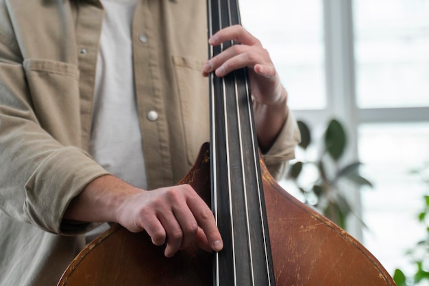 Manos de contrabajo tocando un instrumento musical