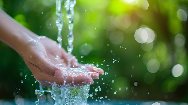 Manos bajo una corriente de agua con salpicaduras y gotas visibles contra un telón de fondo de exuberante vegetación