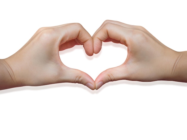 Manos cortadas haciendo forma de corazón contra un fondo blanco