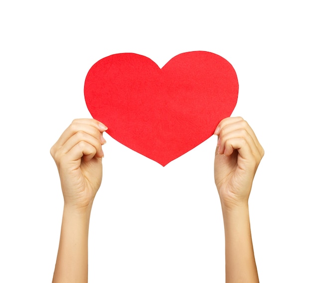 Foto manos cortadas de una mujer con forma de corazón contra un fondo blanco