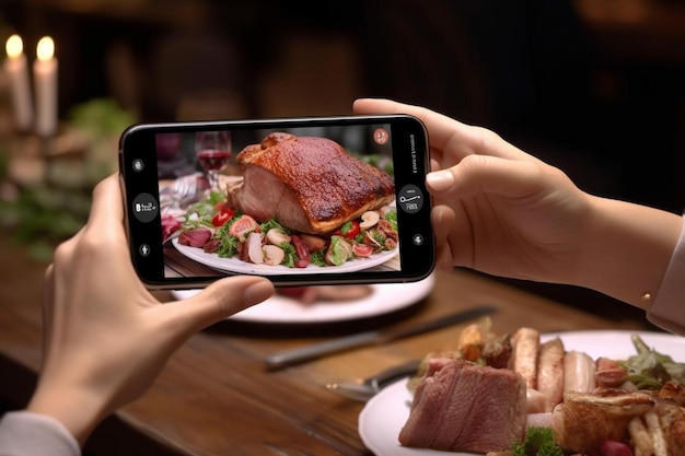 Manos cortadas de una mujer graficando comida con teléfono inteligente en la mesa