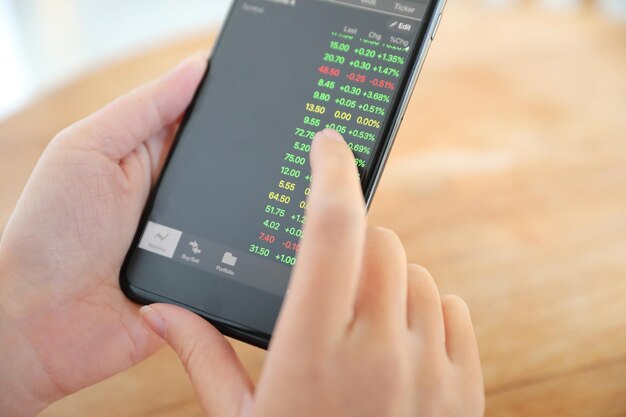 Manos cortadas de una mujer de negocios usando un teléfono móvil