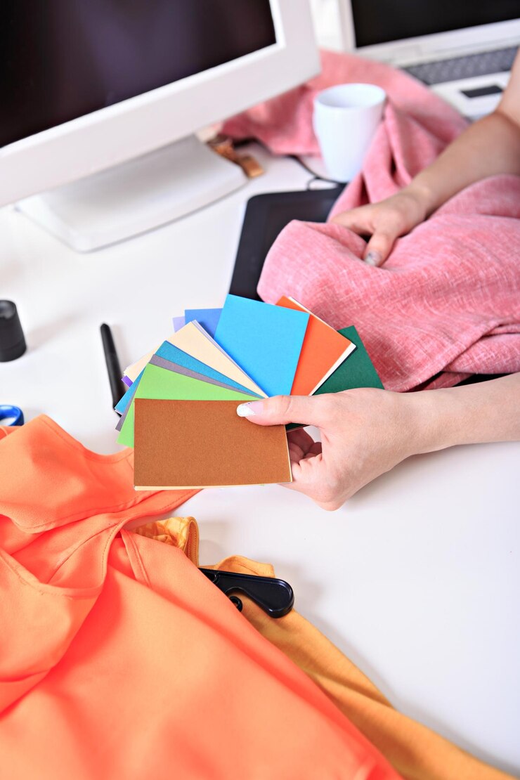 Foto manos cortadas de una mujer que muestran muestras de color en la mesa