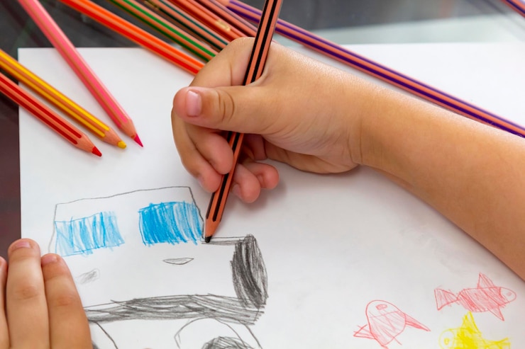 Foto manos cortadas de un niño dibujando en papel