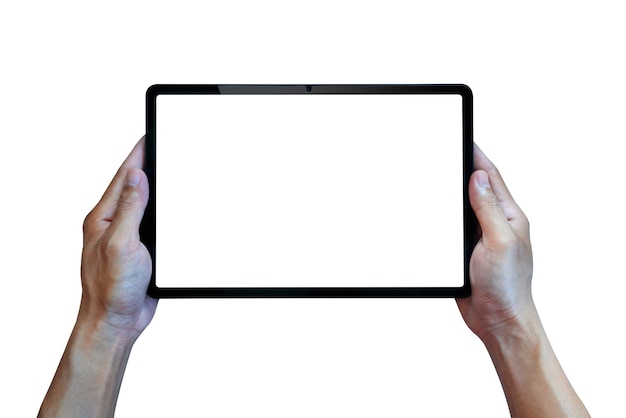 Manos cortadas con una tableta digital contra un fondo blanco