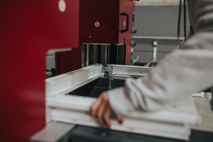 Foto manos cortadas de un trabajador manual haciendo marcos de ventanas en una fábrica
