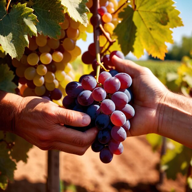 Manos cosechando y manejando uvas en la viña en una granja de viñedos