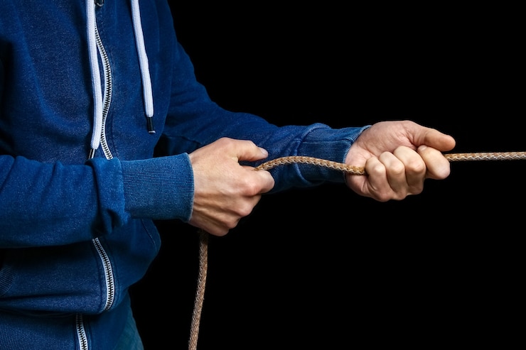 Foto manos con una cuerda sobre un fondo negro. un hombre tira de una cuerda luchando.