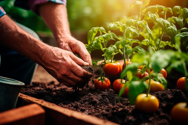 Manos cuidando plantas de tomate que simbolizan el crecimiento y la jardinería orgánica