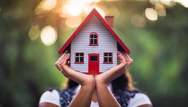 Foto manos cuna una casa modelo que simboliza la protección la seguridad y el cuidado en bienes raíces y seguros