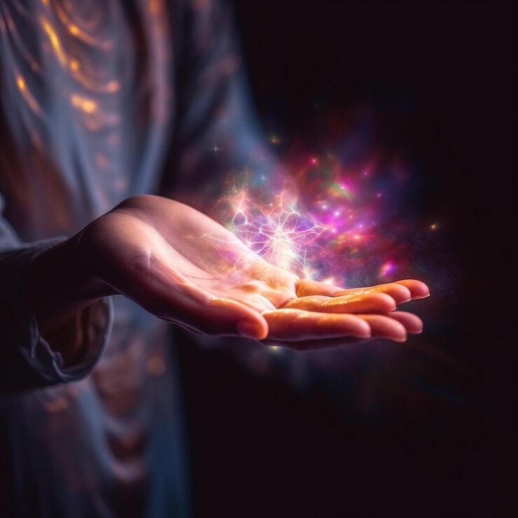 Manos curativas que brillan con energía luminosa extendiéndose para tocar un orbe flotante brillante con onda sonora