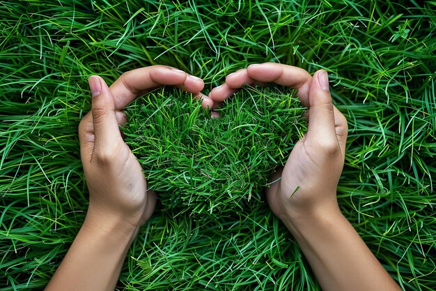 Foto las manos de una dama sosteniendo hierba y creando un patrón en forma de corazón dentro de ella representan la noción de salvaguardar los bosques verdes y el espacio ia generativa