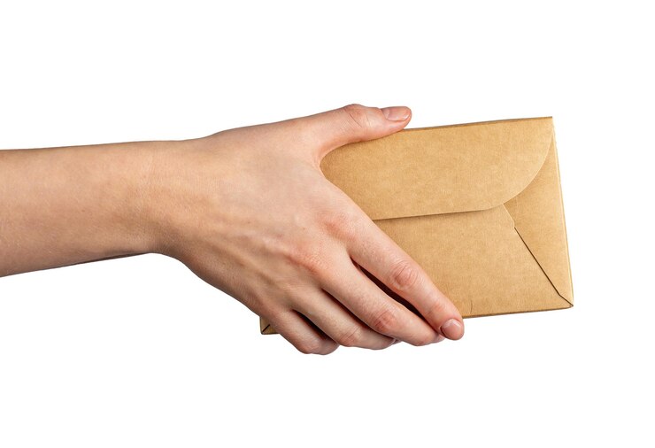 Foto manos dando orden de paquete de entrega de caja de papel en cartón aislado en blanco