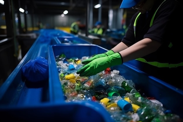 Manos de perto a classificar garrafas de plástico no conceito de gestão de resíduos de transportadores de reciclagem