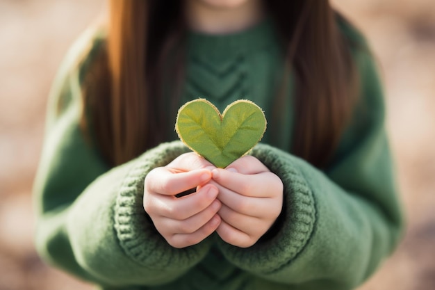 Manos delicadas acunan una hoja de trébol un símbolo de la infancia maravilla capturando la inocencia y la curiosidad de un niño explorando la simple belleza de la naturaleza