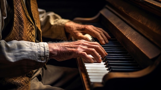 Las manos desgastadas el pianista anciano el piano antiguo los recuerdos nostálgicos se agitan