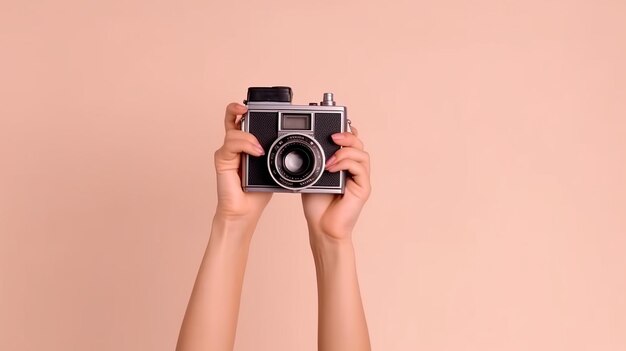 Manos del día mundial de la fotografía sosteniendo una cámara aislada Generative Ai