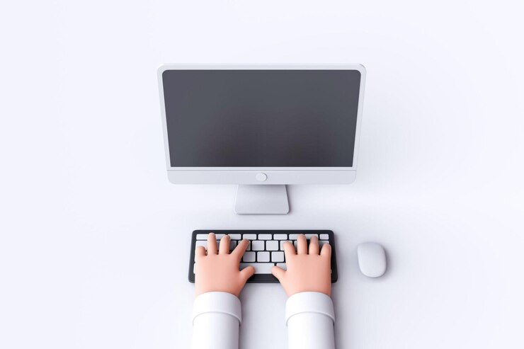 Foto las manos de dibujos animados están trabajando en la computadora aislada en un blanco b