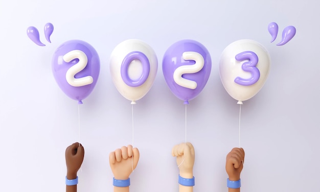 Manos de dibujos animados de hombre blanco y negro con globo Celebración de año nuevo Años cambian a año nuevo 2023 concepto 3D Render ilustración