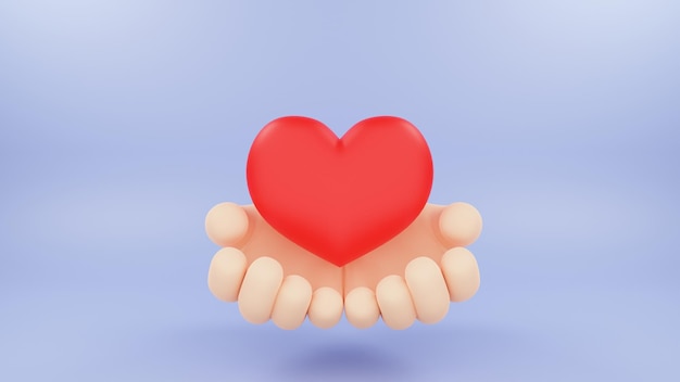 Las manos de dibujos animados sostienen el símbolo del corazón, un mensaje de amor. ilustración de procesamiento 3d
