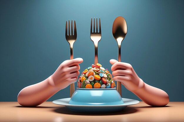 Manos de dibujos animados con un tenedor y una cuchara en un fondo de campana el concepto de ir a un restaurante y servir comida renderización 3D