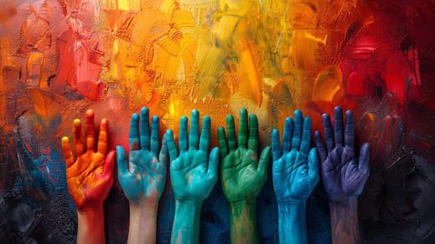 Foto manos de diferentes colores en un fondo pintado multicolor