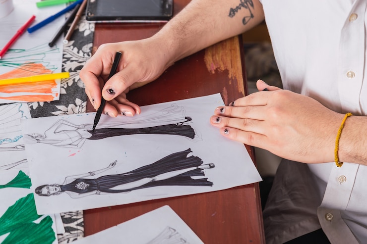 Foto manos del diseñador de moda dibujando bocetos de vestidos de fiesta.