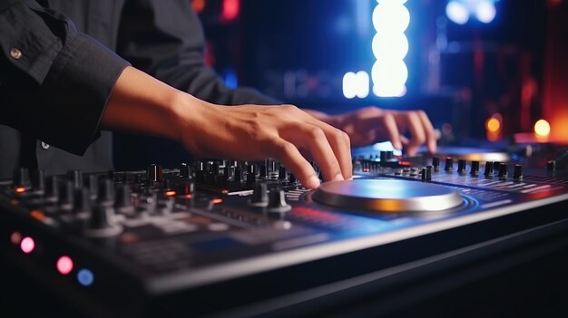 Las manos de DJ DJ consola mezclador en concierto discoteca escenario música colores