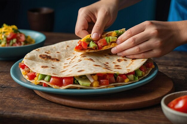 Las manos doblando una quesadilla con un