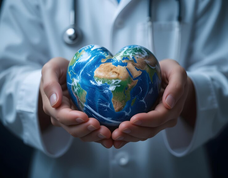 Las manos del doctor sosteniendo el planeta en forma de corazón