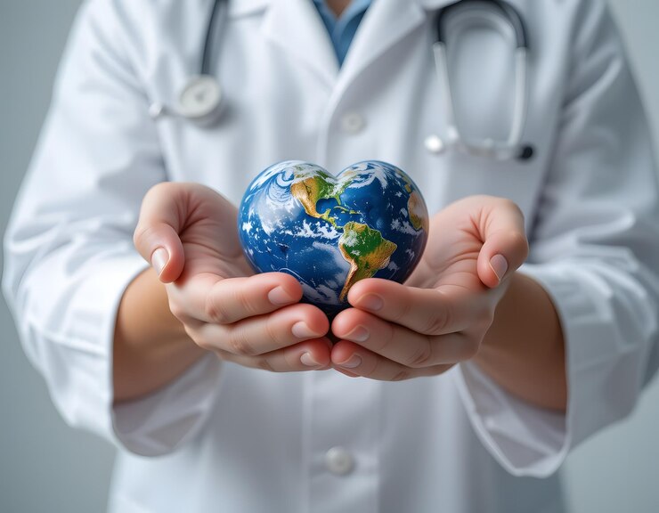 Las manos del doctor sosteniendo el planeta en forma de corazón
