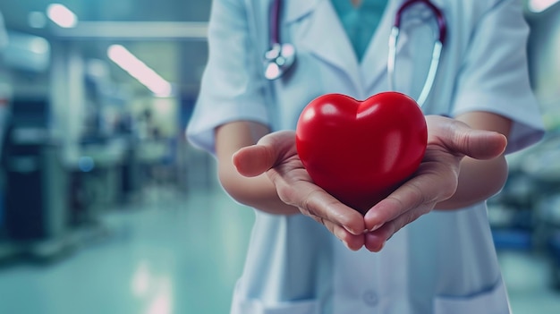 Las manos de la doctora sosteniendo un corazón rojo sobre un fondo blanco donan para el concepto de Salud Mundial
