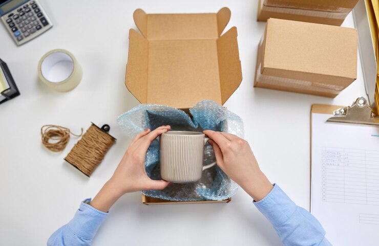 Foto manos empacando taza a la caja de paquetes en la oficina de correos