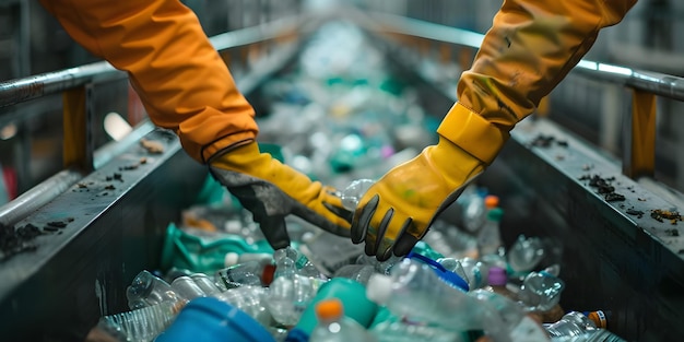 manos del empleado con guantes en el transportador para el reciclaje y clasificación de basura de fondo