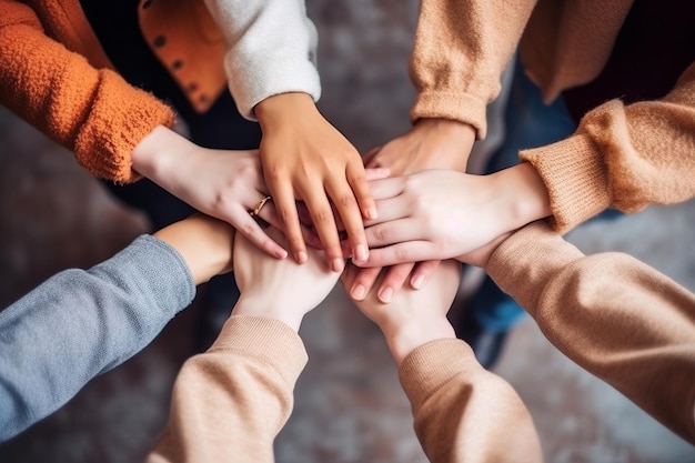 Manos una encima de la otra uno de los cuales somos las personas