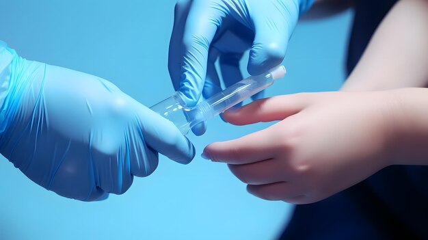 Foto las manos de una enfermera con guantes médicos azules inyectando un anticoagulante subcutáneo en la mano de un niño