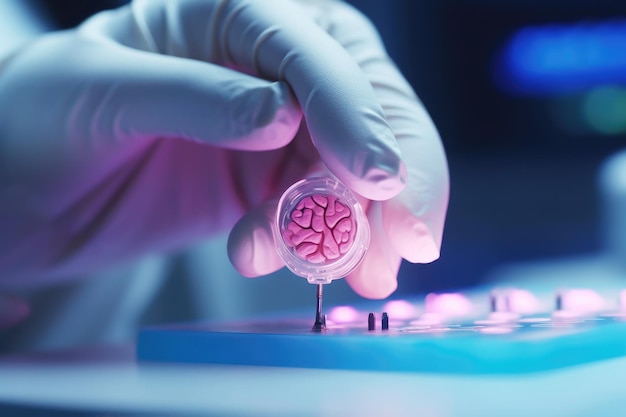 Las manos enguantadas de un científico acunan un pequeño chip que representa un implante cerebral de última generación. El chip permite la tecnología de control mental.