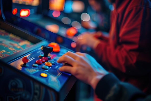 Las manos en equilibrio sobre los controles de la máquina de arcade un jugador está profundamente enfocado en un entorno vibrante iluminado por neón