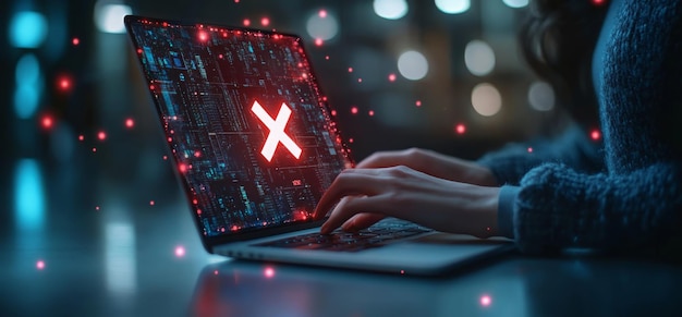 Las manos escribiendo en la computadora portátil con visualización de iconos digitales