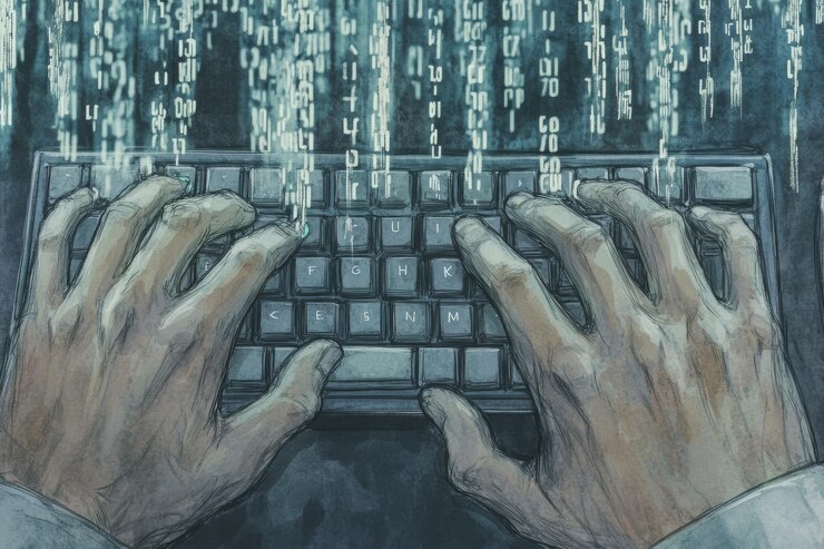 Foto las manos escribiendo en un teclado con código en el fondo